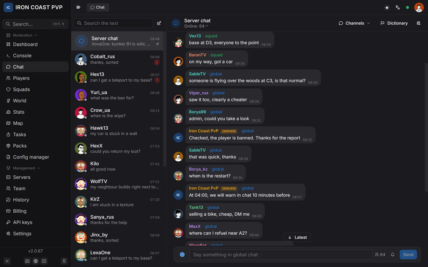 Server chat: player messages and replies from the admins