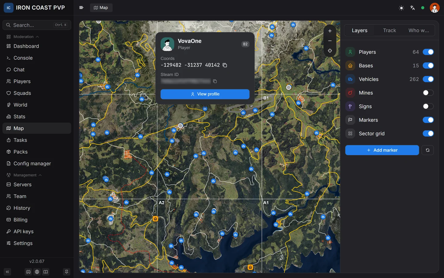 Server map with players, vehicles and bases