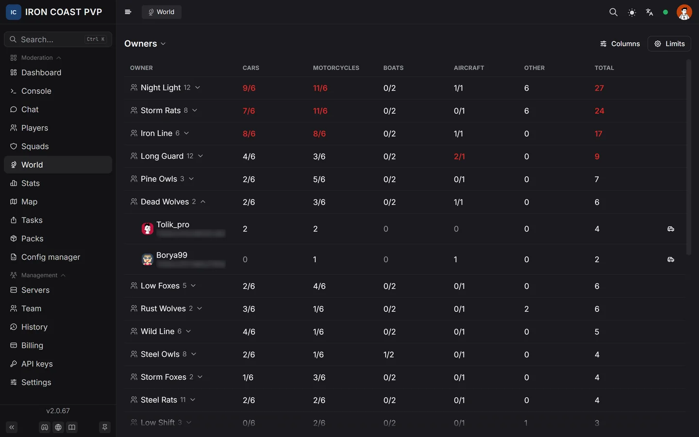 Vehicles per squad with limits, the ones over the limit in red