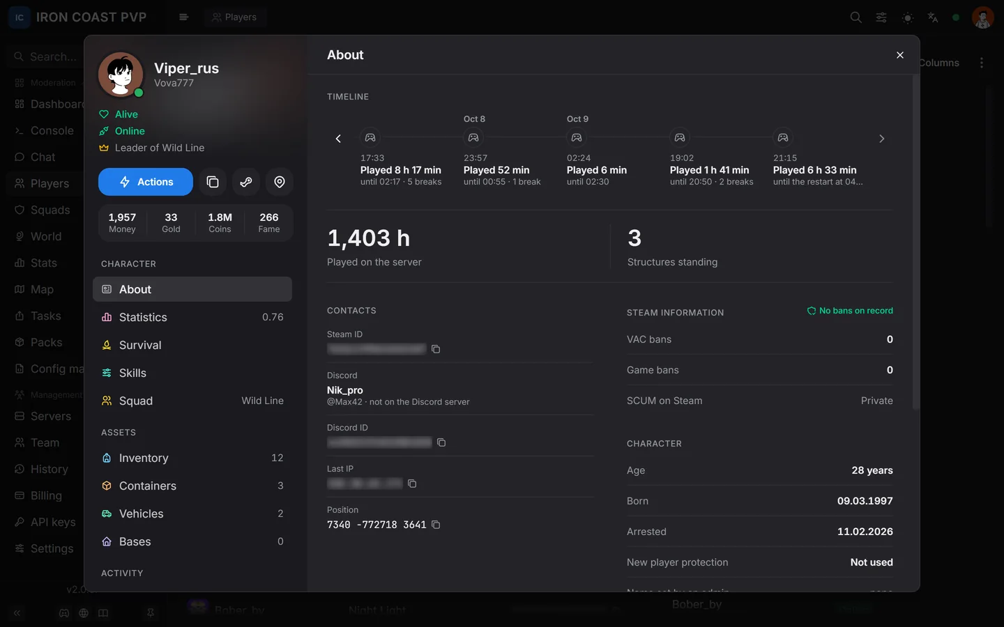 Player card: session history, hours played and Steam details