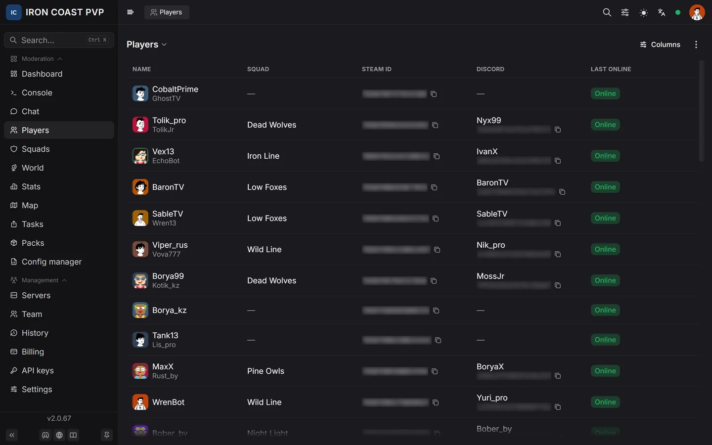 Player list with squads and online status