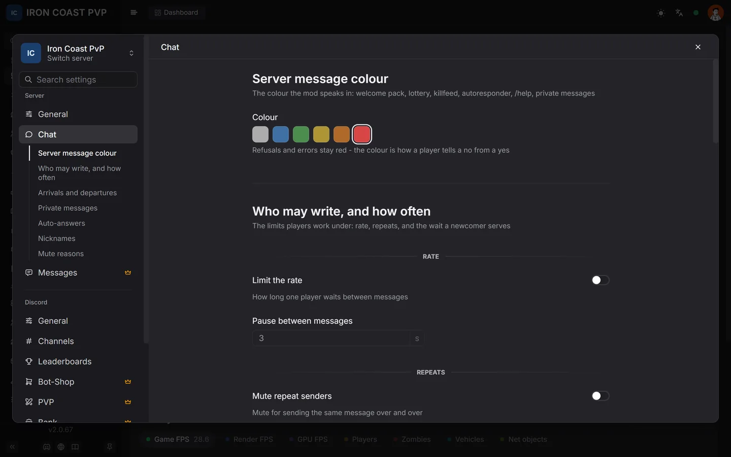 Server settings: chat, messages, Discord and integrations