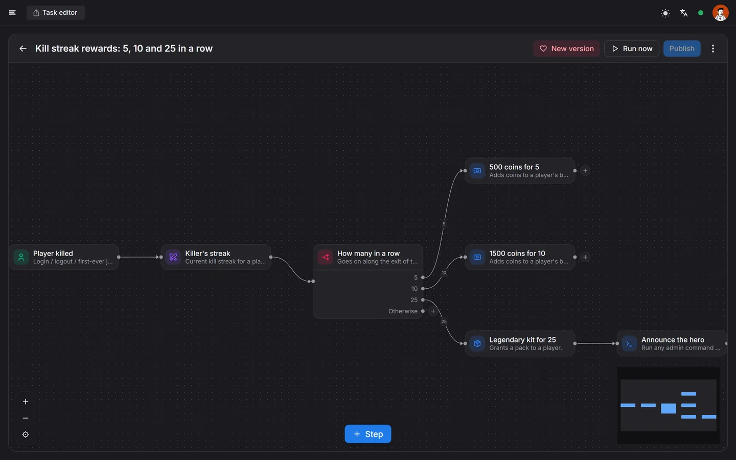 Task editor: rewards for a kill streak